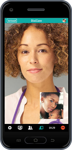Smart phone showing video consult between female doctor and mom with baby child